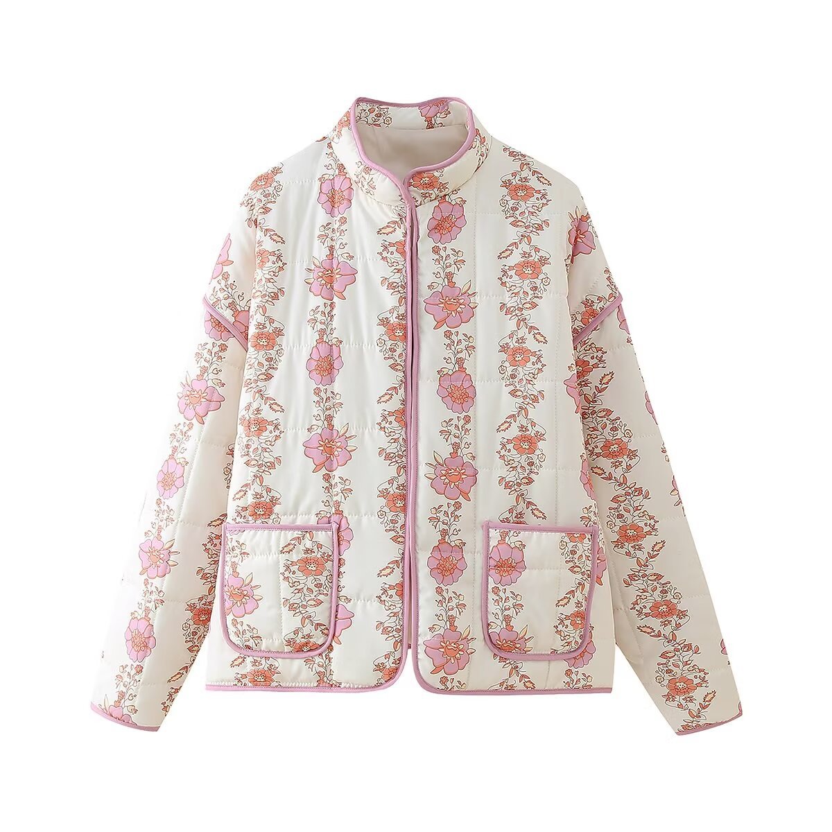 Wholesale Autumn Flower Print with Thin Pockets Adorning Cardigan Cotton Jacket